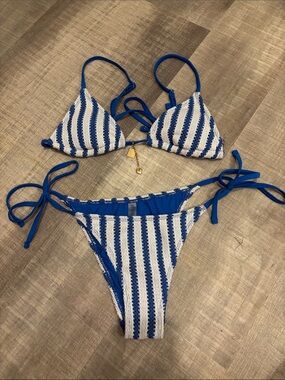 Striped Blue & White Crochet Tie-Side Bikini